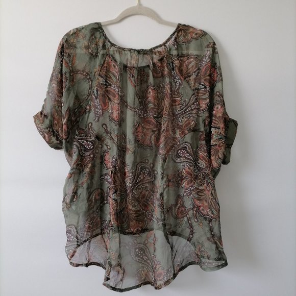 Blue Bird Women's See Through Floral Green Brown Top Size Small S Batwing Sleeve - Picture 2 of 8